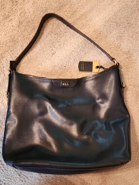 Lauren Ralph Lauren Navy Blue Leather Shoulder Tote with Gold Hardware